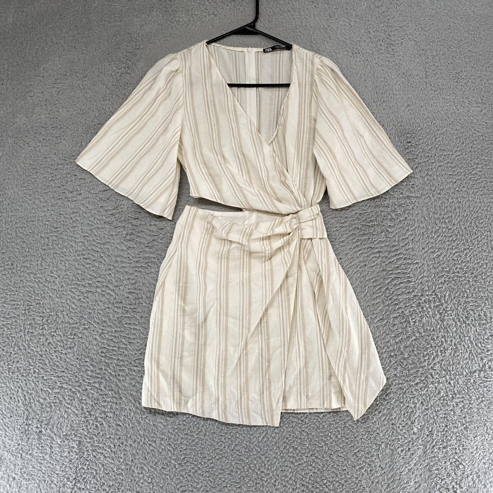 Zara Wrap Dress Womens XS White Stripe Cutout Flutter Sleeve Mini Beach Vacation